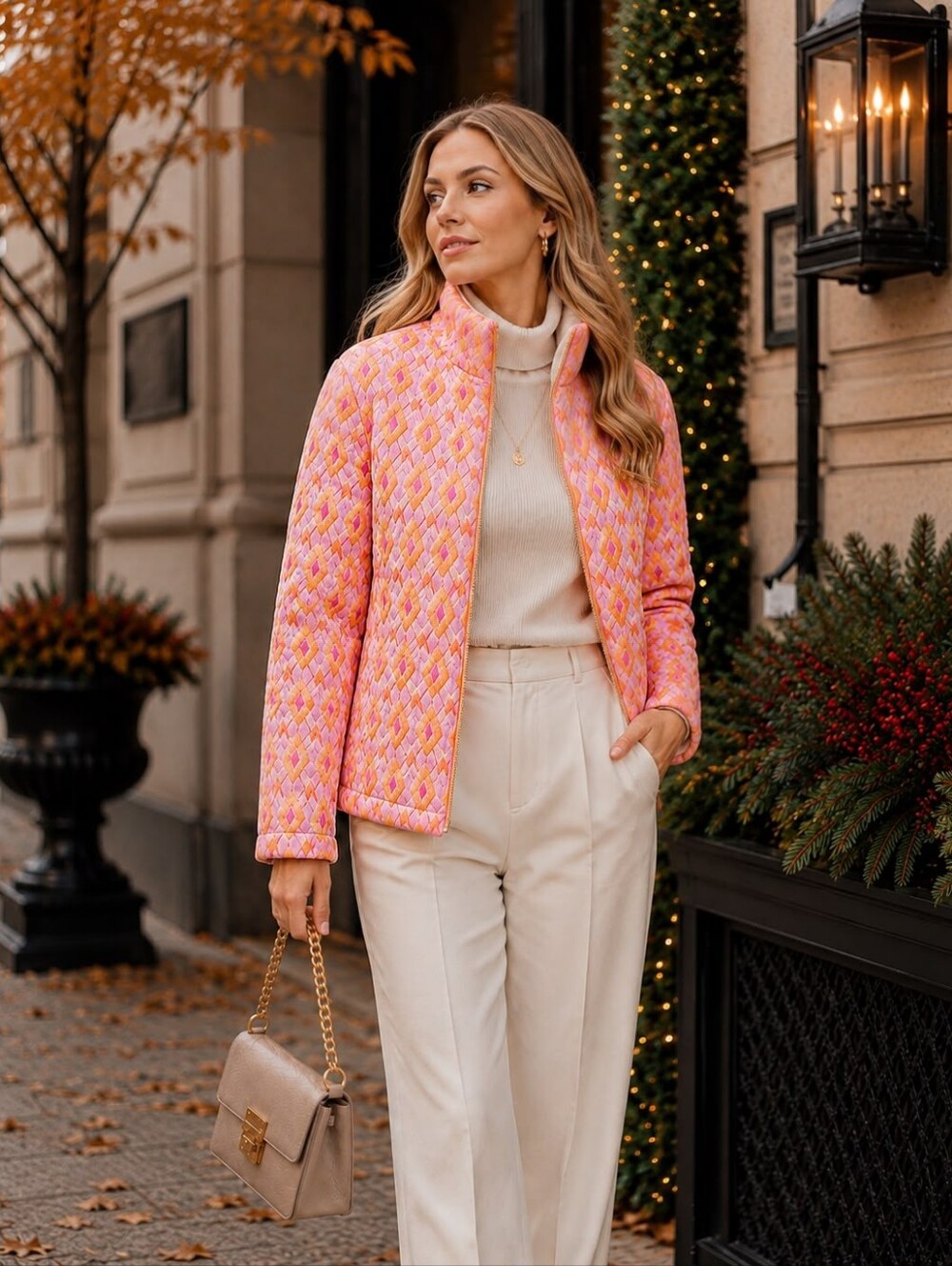 SM 11 Made In Italy 100% Cotto Quilted Pink Patterned Women's Lightweight Jacket